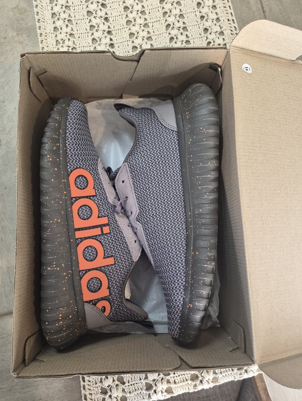 Adidas Men’s Gray Knit Sneakers with Orange Logo Accents
